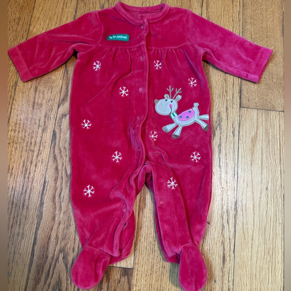 “My First Christmas” Baby one piece, red velvet with reindeer design, 3Month
